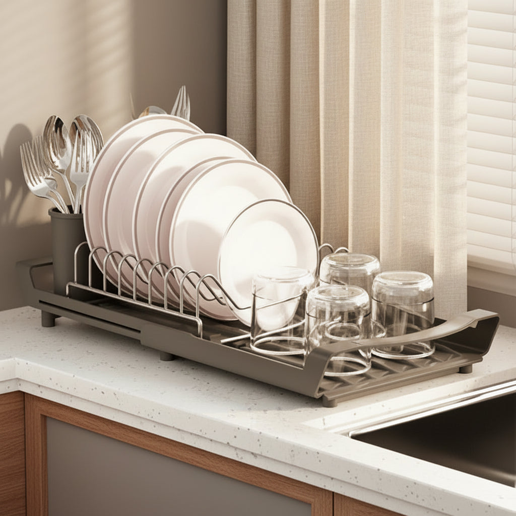Egouttoir vaisselle extensible gris plastique et inox