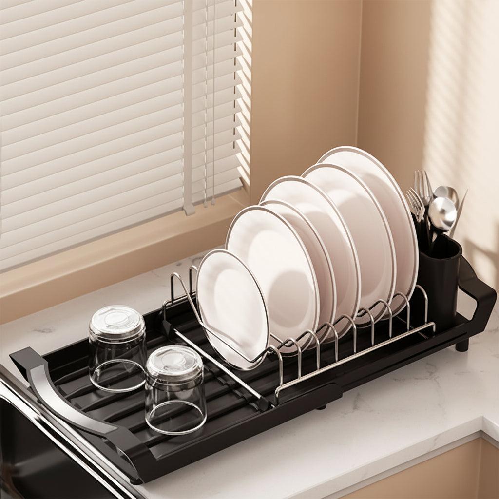 Egouttoir vaisselle extensible noir avec bac ustensiles plastique et inox
