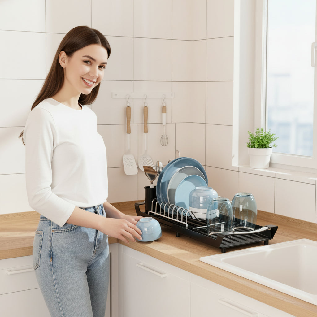 Egouttoir vaisselle noir extensible plastique et inox