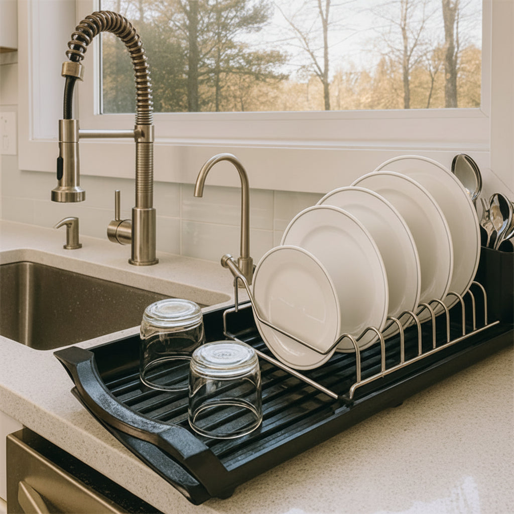 Egouttoir vaisselle plastique et inox extensible noir