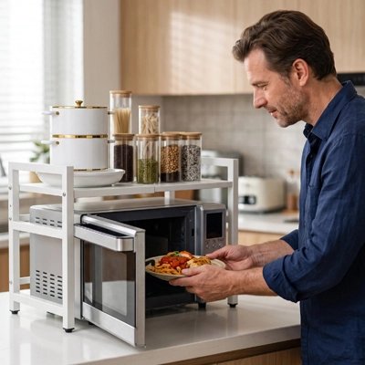 Etagere pour micro onde métal blanche avec crochets comptoir cuisine